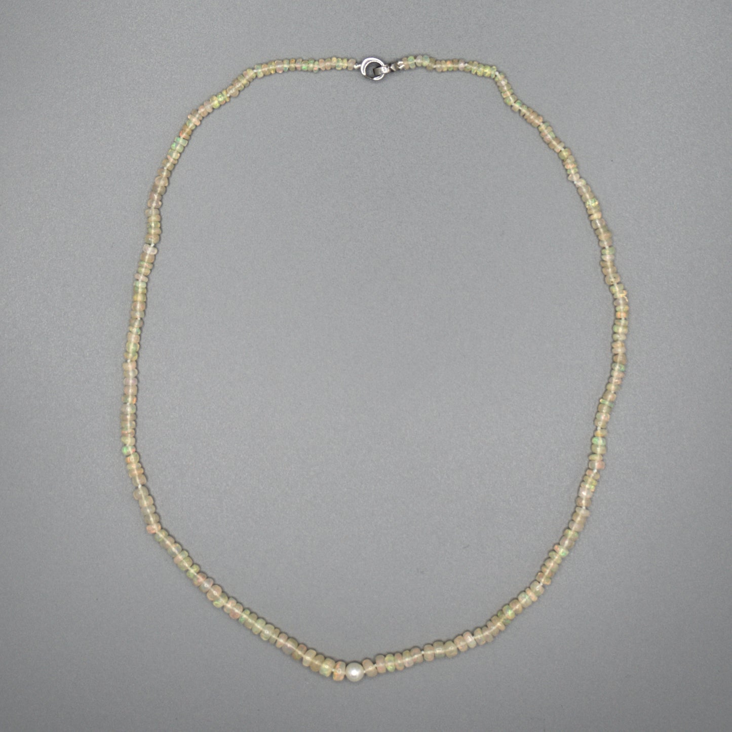 African Opal beads and white Akoya pearl necklace detail, 20-inch sterling silver