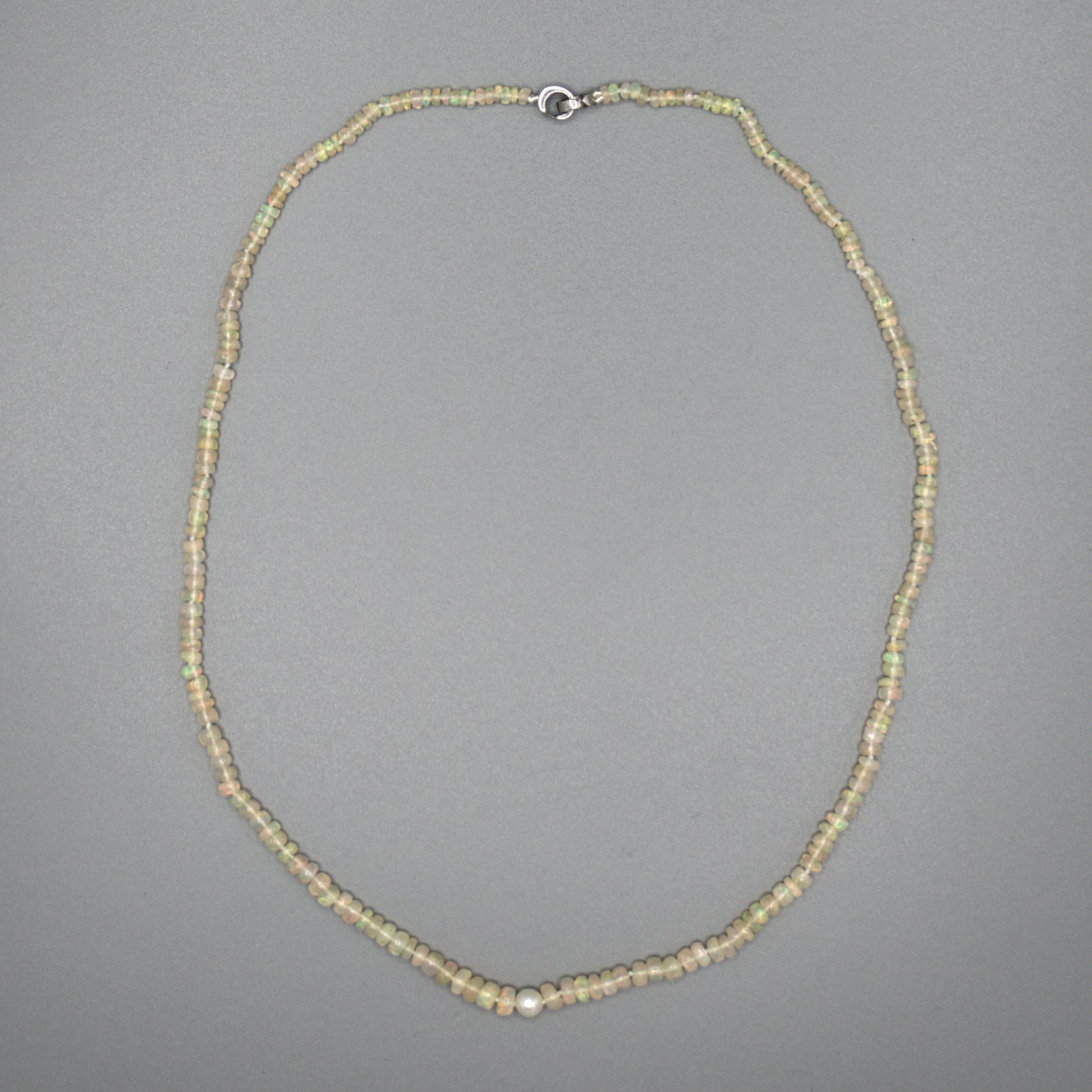 African Opal beads and white Akoya pearl necklace detail, 20-inch sterling silver