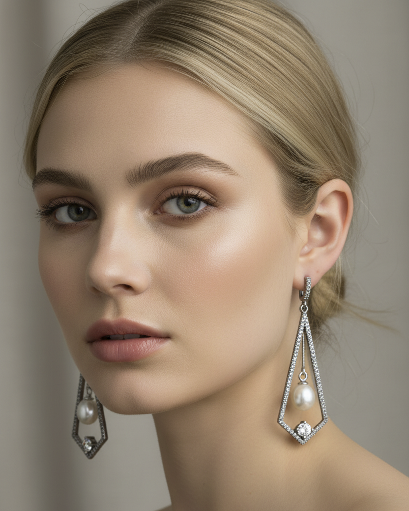 Model wearing white freshwater pearl CZ dangle sterling silver teardrop earrings