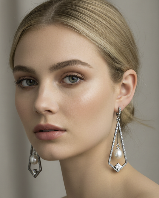 Model wearing white freshwater pearl CZ dangle sterling silver teardrop earrings