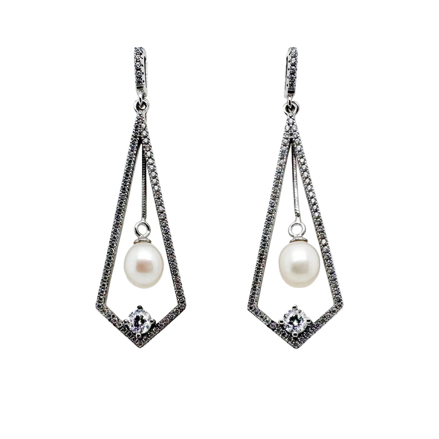 White freshwater pearl CZ dangle sterling silver teardrop earrings