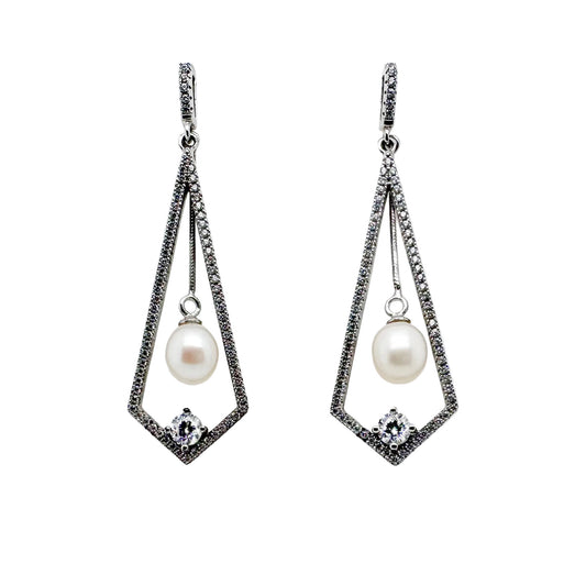 White freshwater pearl CZ dangle sterling silver teardrop earrings
