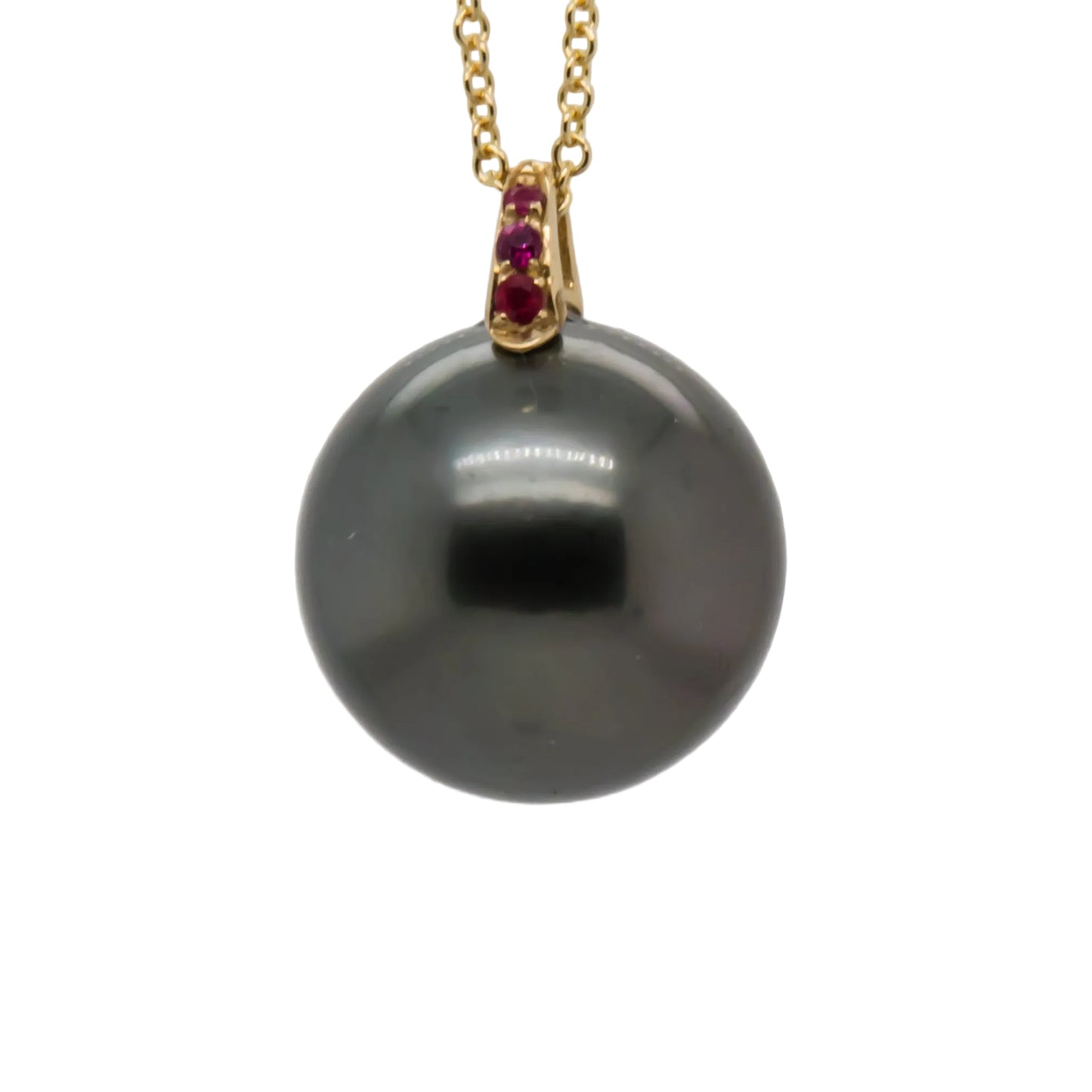 12.8mm Tahitian Pearl Pendant, 18K Yellow Gold Bail with 3 Ruby Accents – Front View