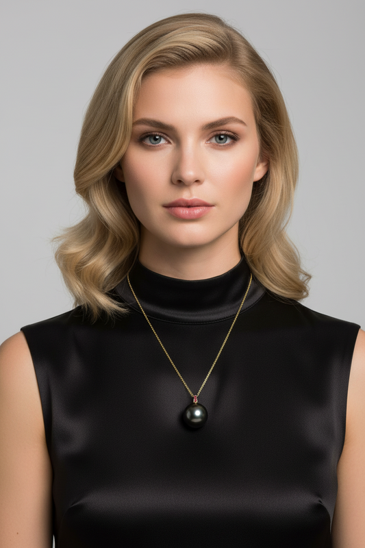 Tahitian Pearl Pendant on Model, 18K Gold & Ruby, Holly Zhang Pearl Gallery