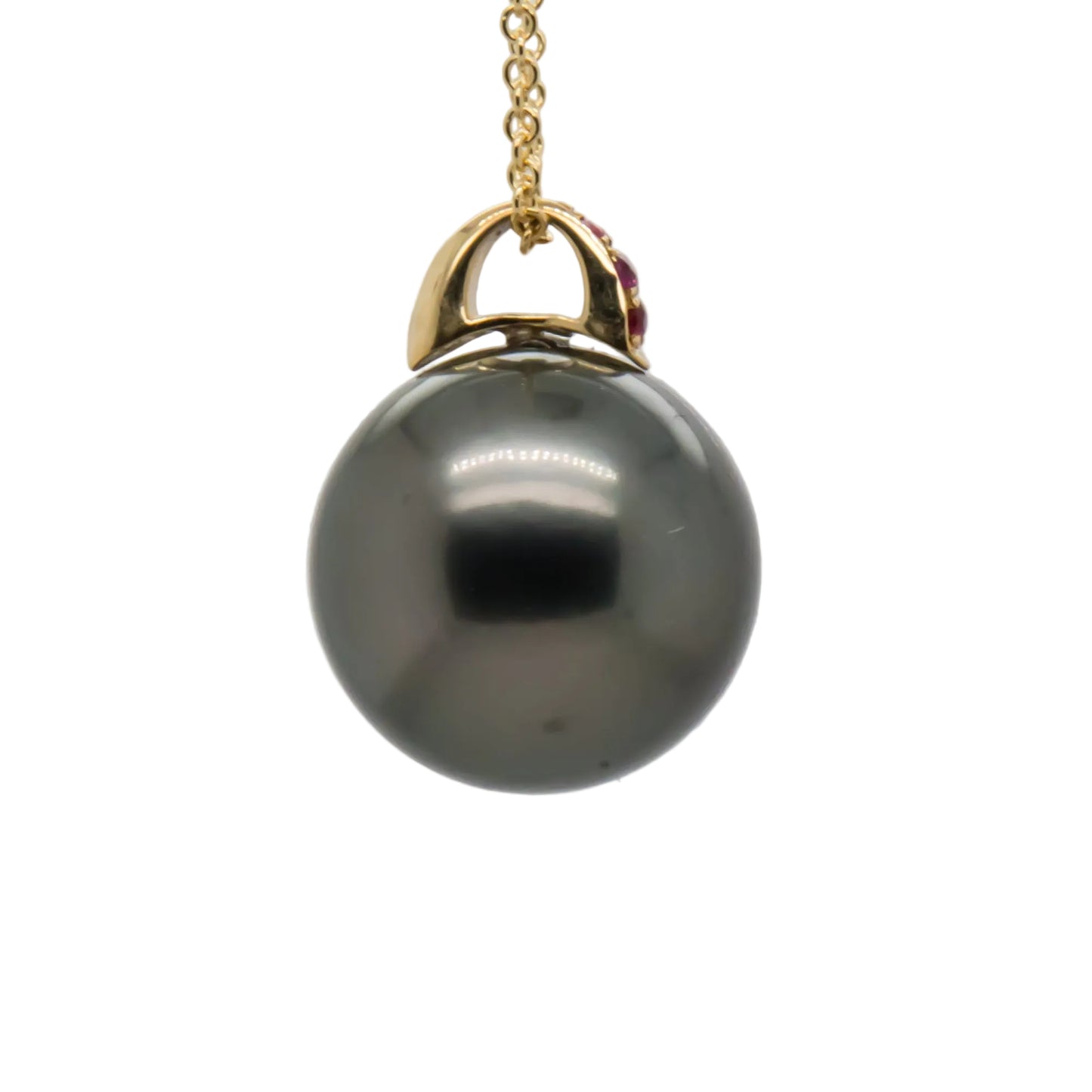 12.8mm Tahitian Pearl Pendant Side View – 18K Yellow Gold Bail and Ruby Accents