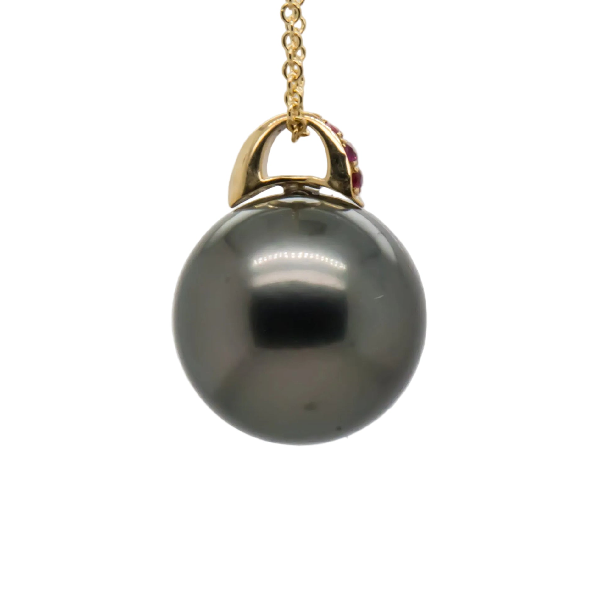 12.8mm Tahitian Pearl Pendant Side View – 18K Yellow Gold Bail and Ruby Accents