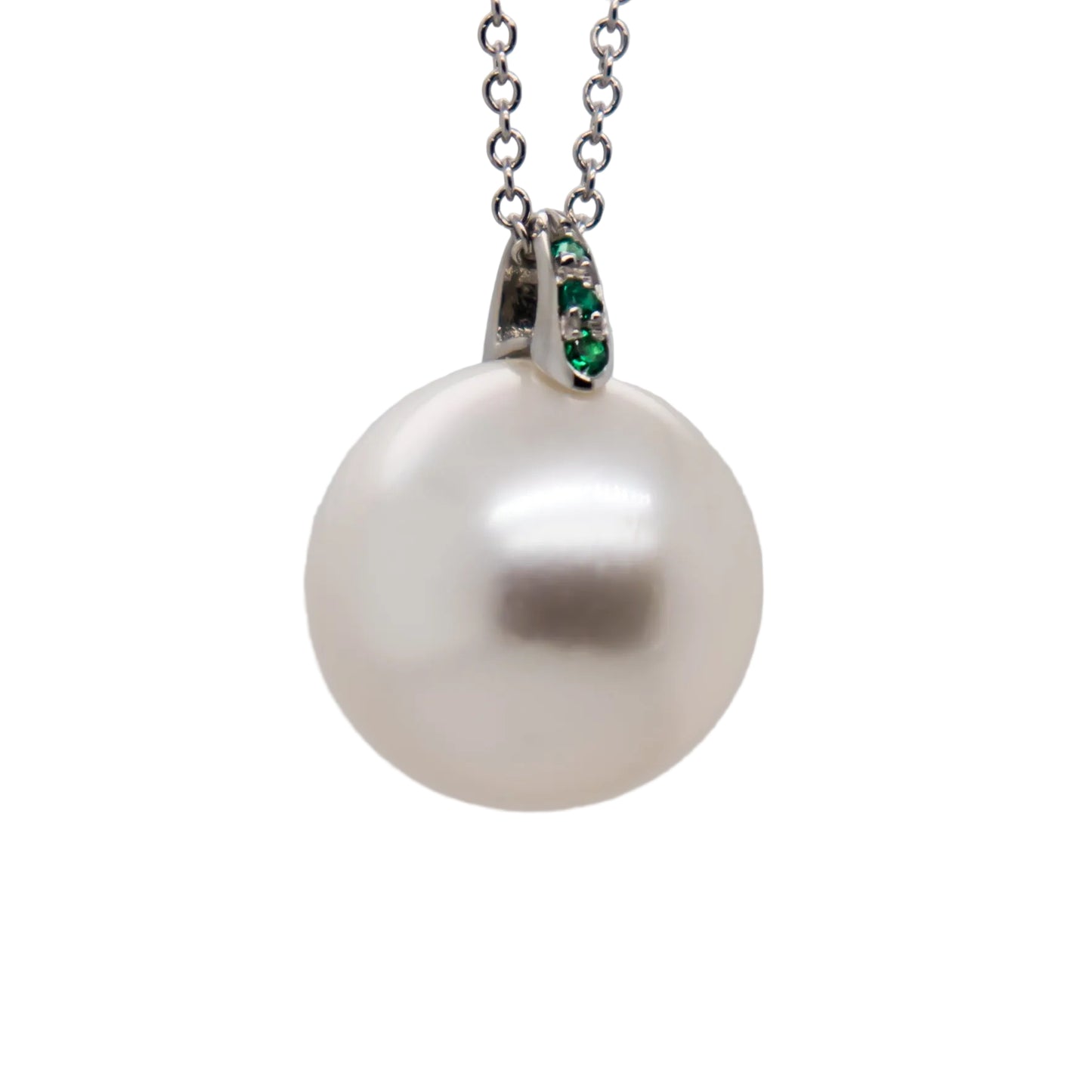  Sea Pearl Pendant detail — 3 emerald bail, 18K white gold, Holly Zhang Pearl Gallery