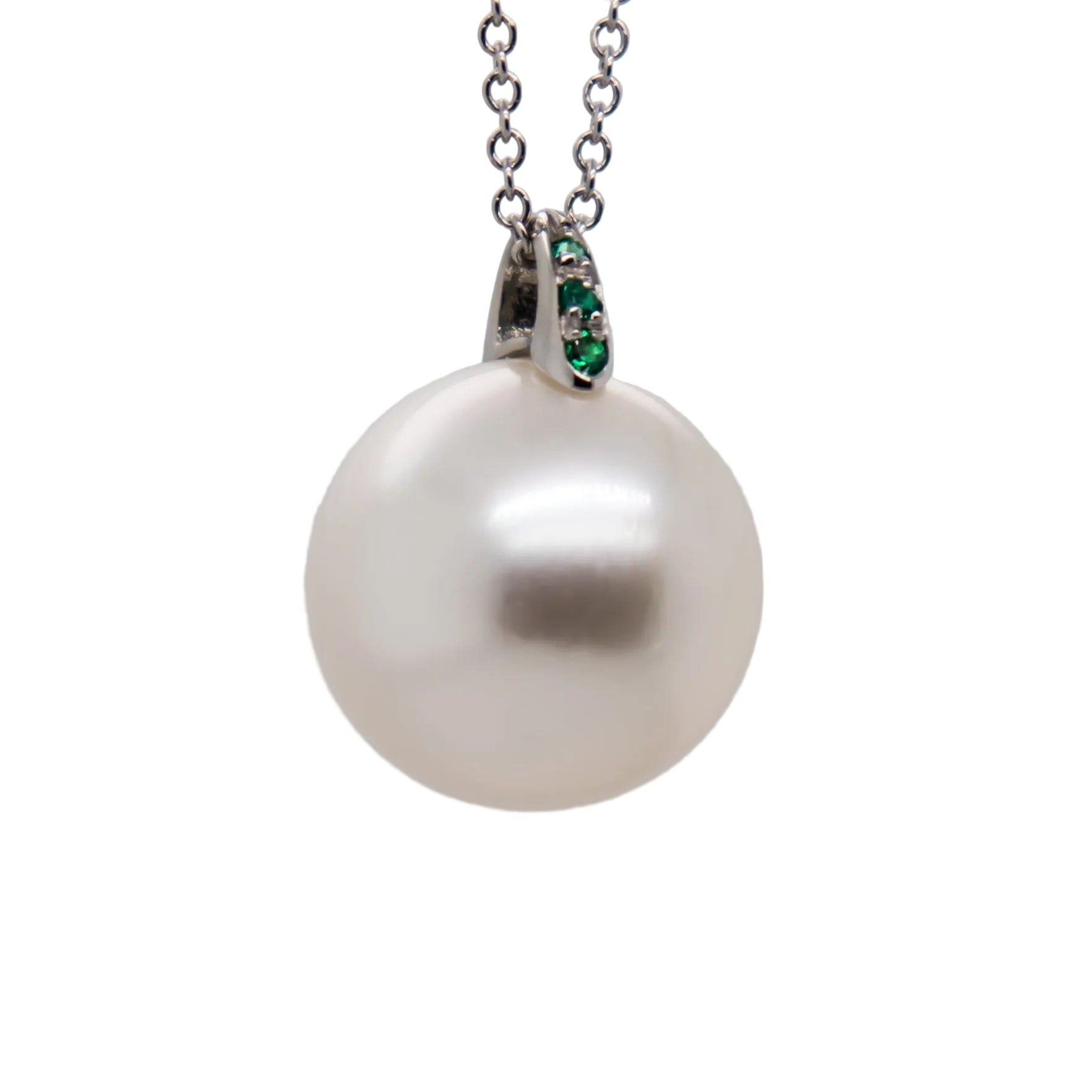 Sea Pearl Pendant detail — 3 emerald bail, 18K white gold, Holly Zhang Pearl Gallery
