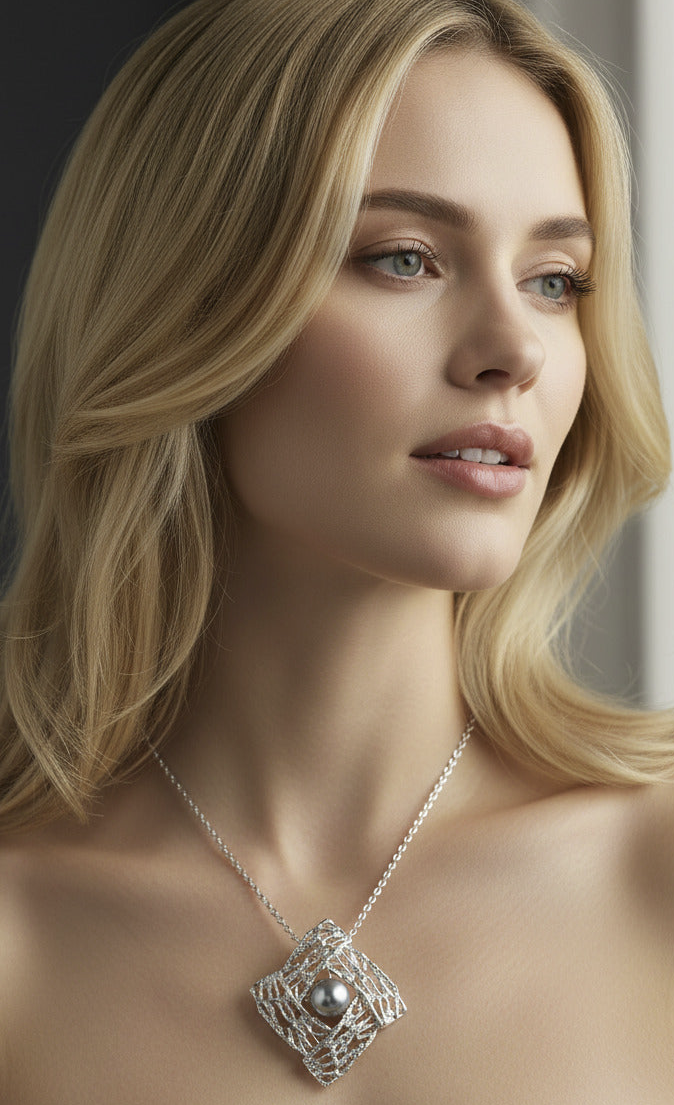 Model wearing Tahitian Pearl Sterling Silver Brooch & Pendant
