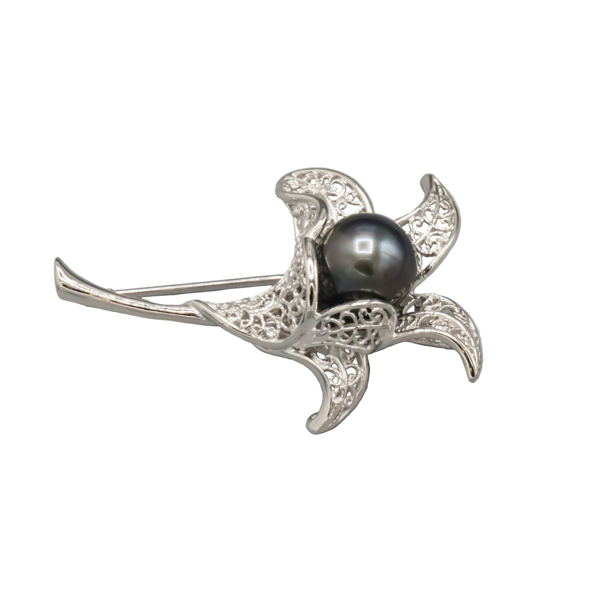 Tahitian pearl brooch pendant worn as necklace, side view