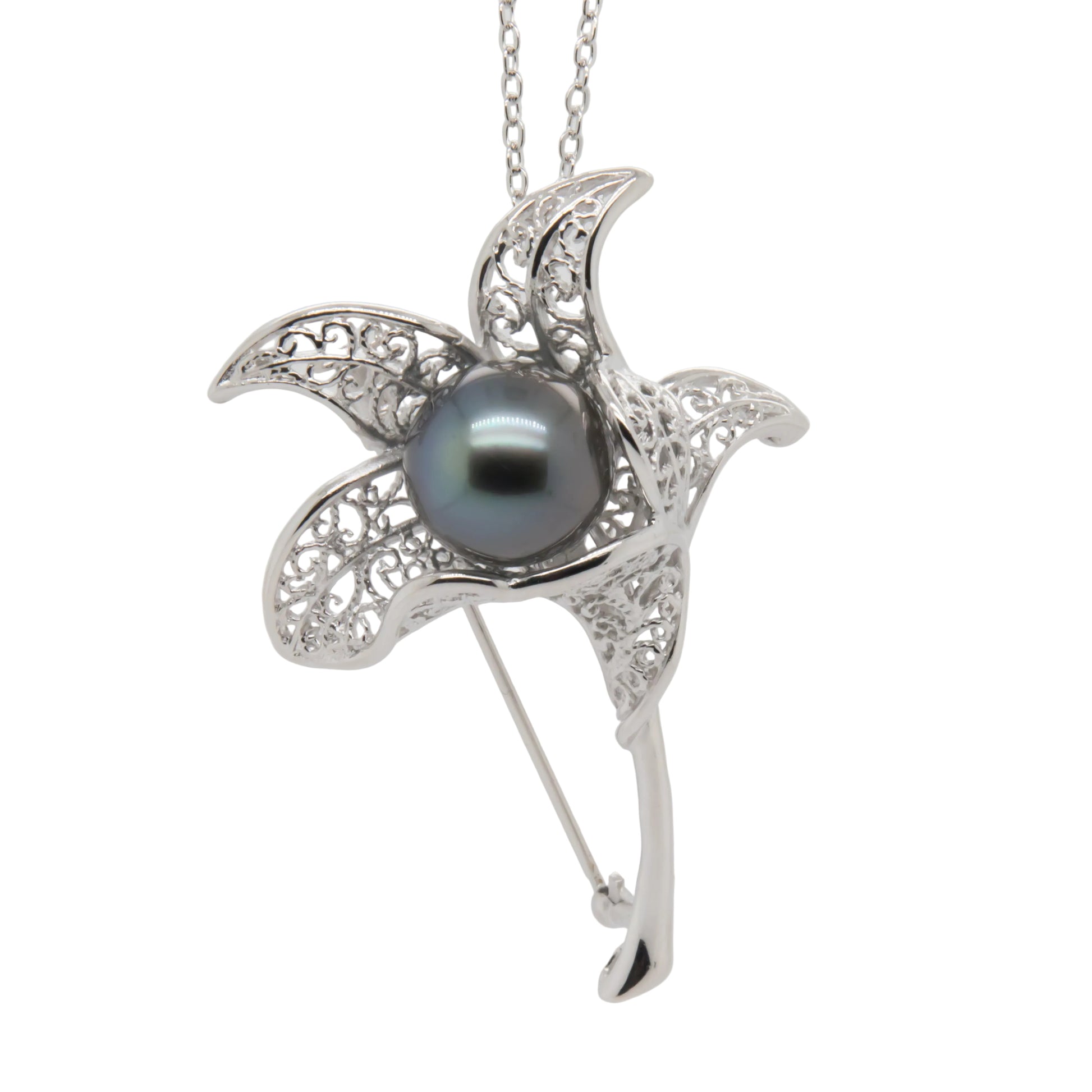 12mm Tahitian pearl sterling silver brooch pendant, front view