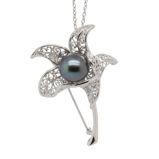 12mm Tahitian pearl sterling silver brooch pendant, front view