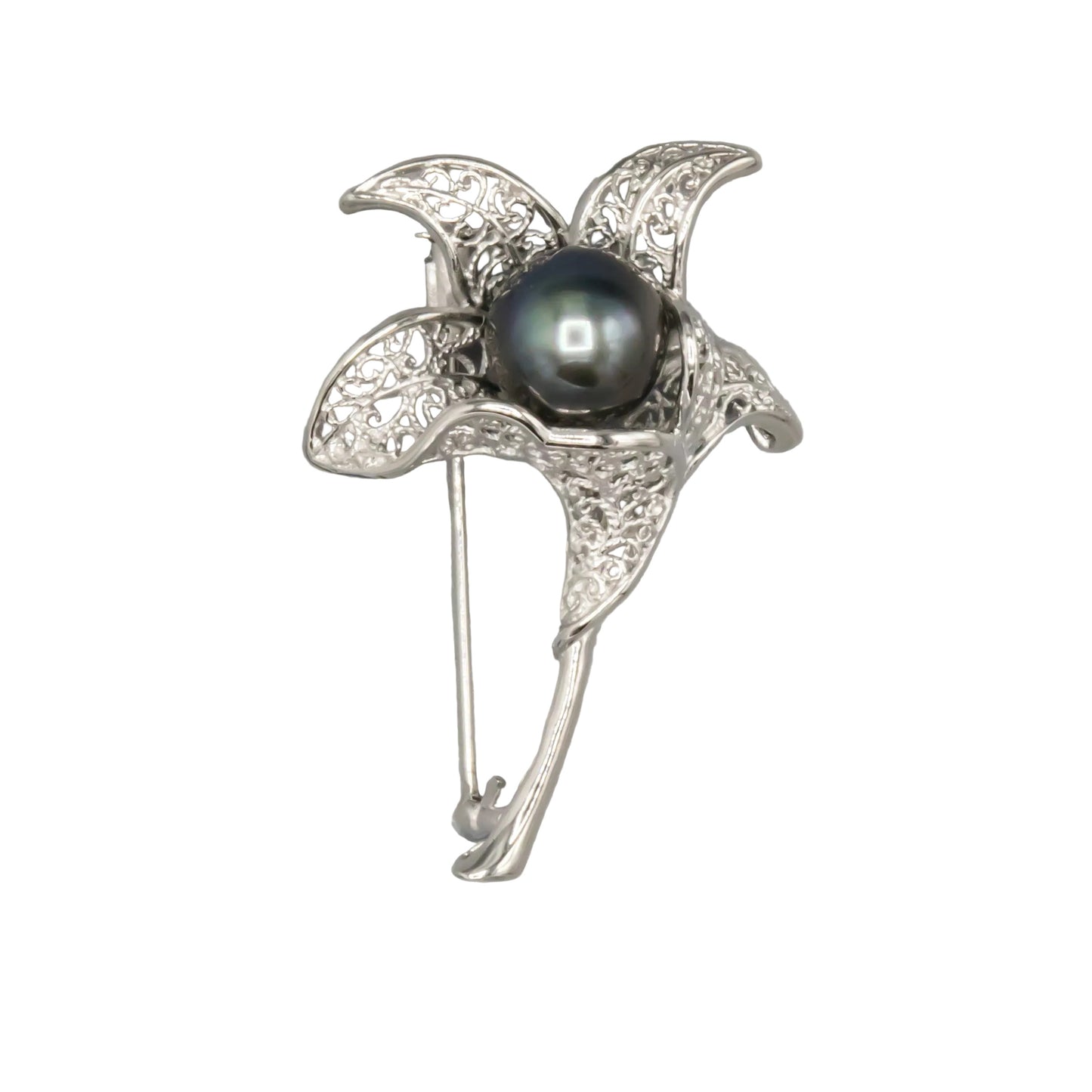 12mm Tahitian pearl brooch, dark overtone and peacock luster detail