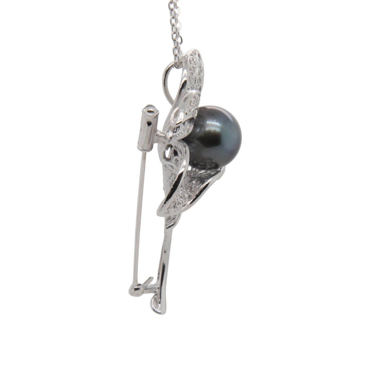 12mm Tahitian pearl brooch pendant, side profile showing luster