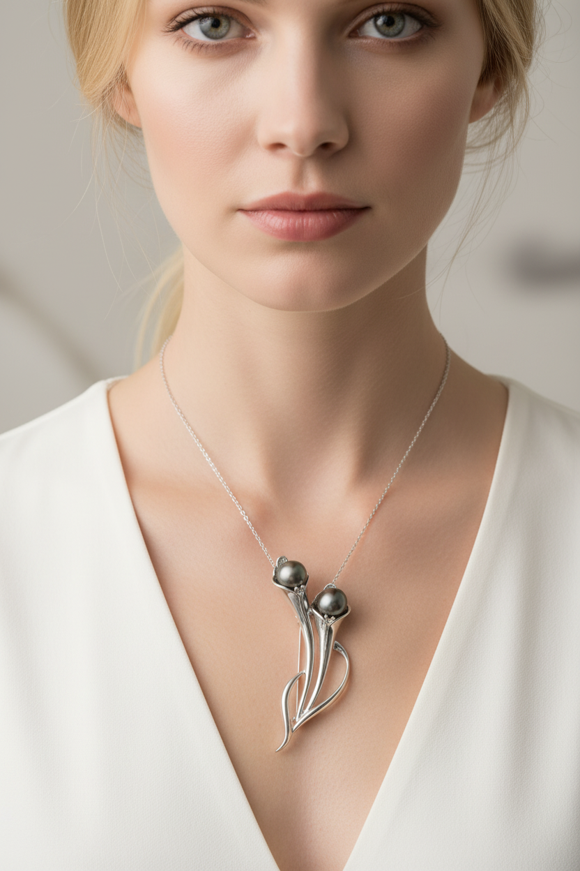 Model wearing the Tahitian pearl pendant on a silver chain to demonstrate the convertible multi-wear jewelry design.