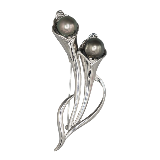 Tahitian Pearl Brooch – Sterling Silver, Two 10mm Pearls
