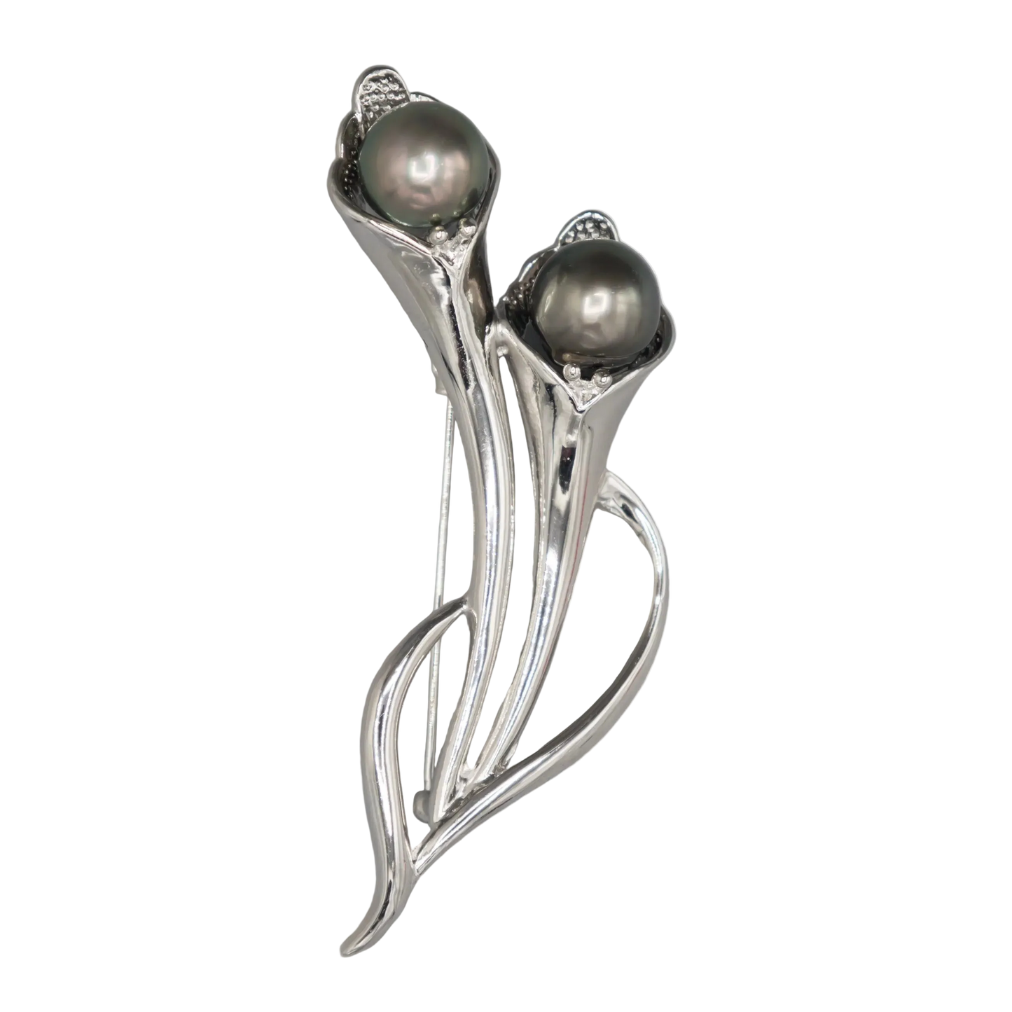 Holly Zhang convertible sterling silver brooch pin showing two genuine 10mm Tahitian black pearls.
