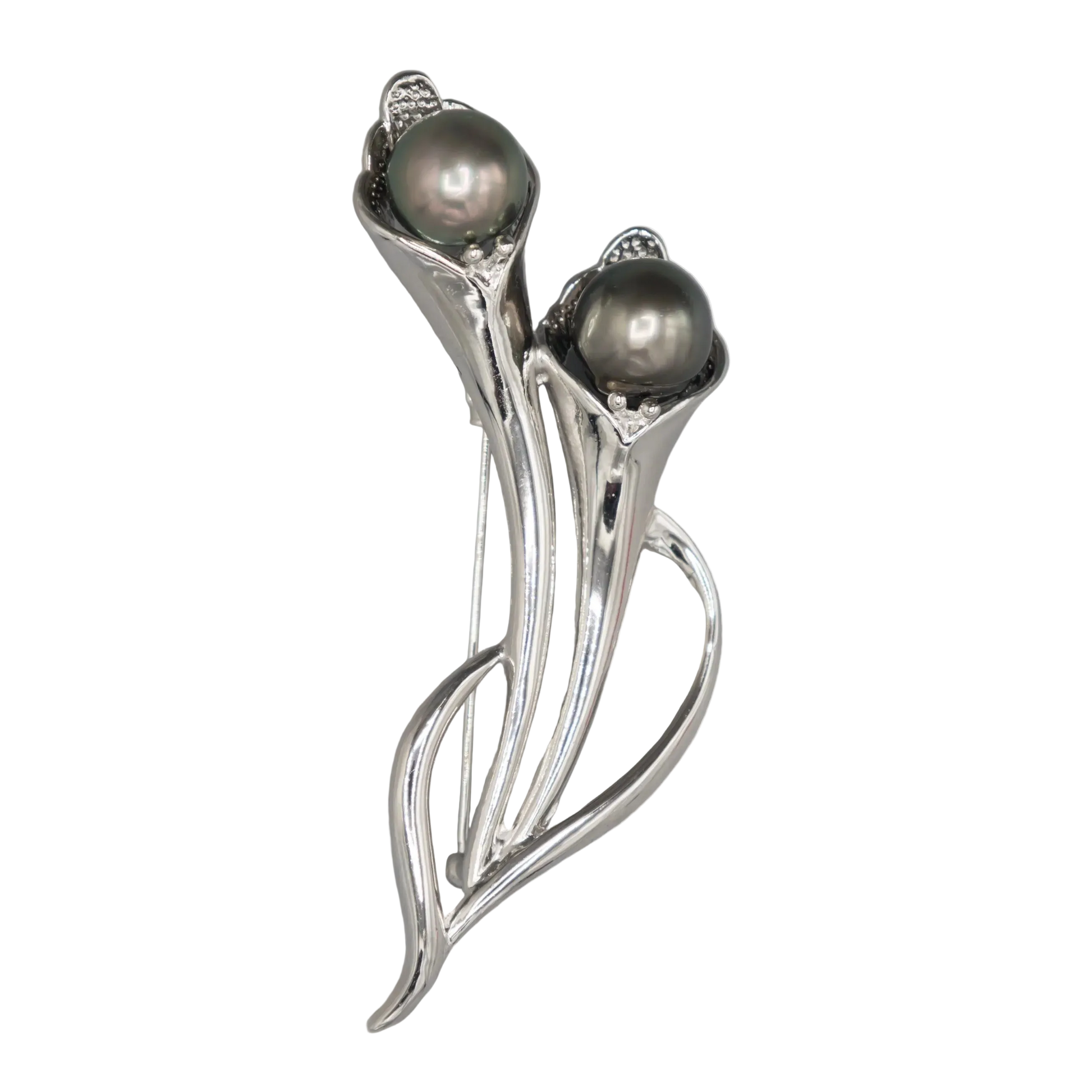 Holly Zhang convertible sterling silver brooch pin showing two genuine 10mm Tahitian black pearls.