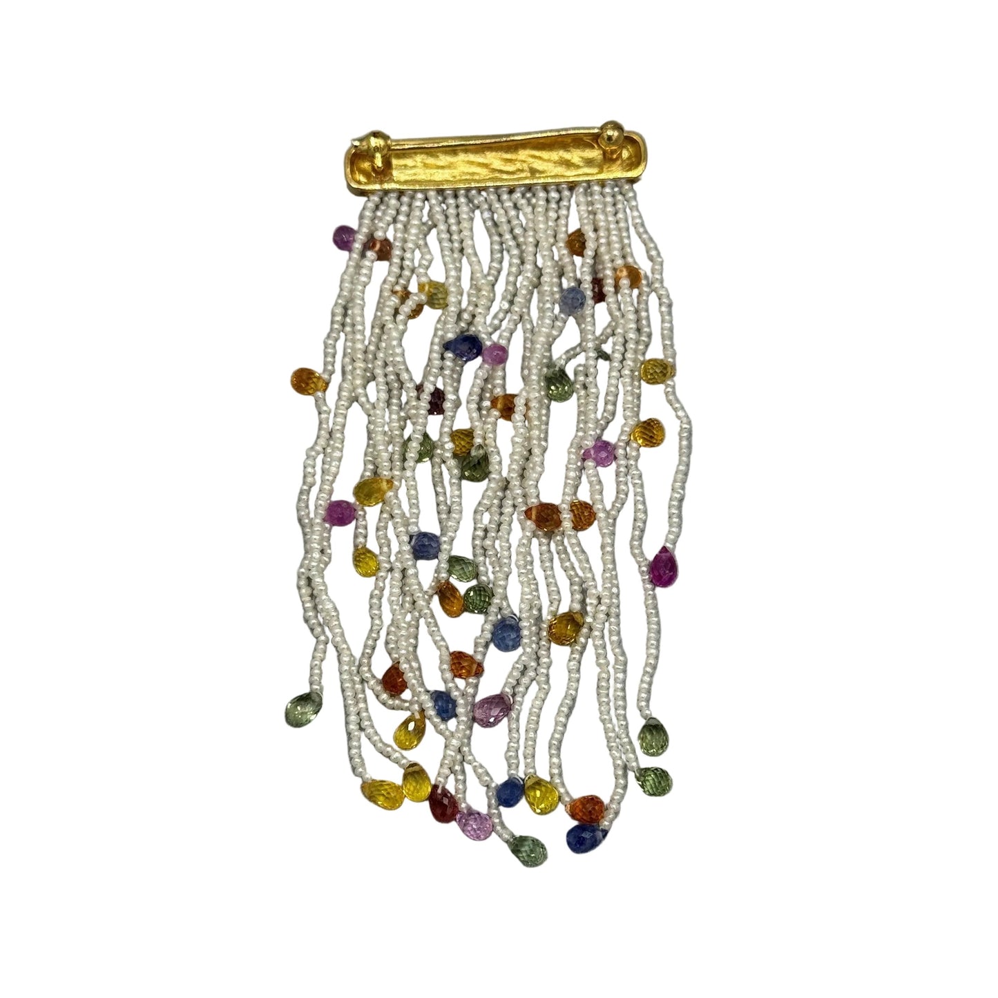 Akoya Keshi pearl multi-strand fringe brooch with multicolor gemstones and 18K gold bar pin - rear view