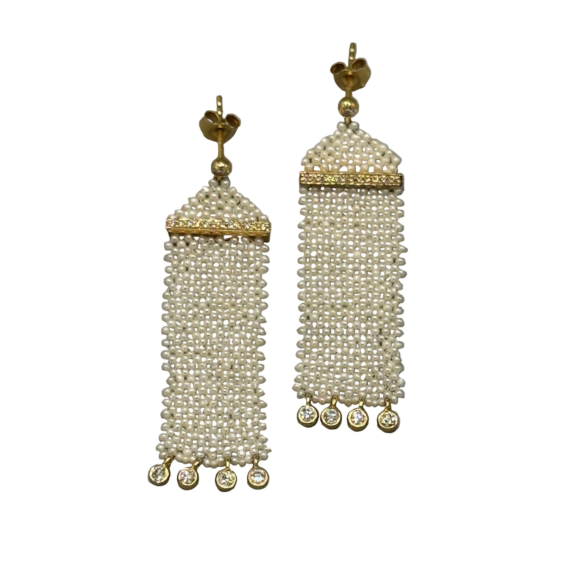 1–1.5mm Keshi freshwater pearl woven dangle earrings with diamond drops on 18k yellow gold studs