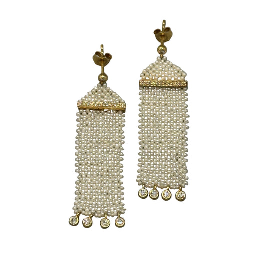 1–1.5mm Keshi freshwater pearl woven dangle earrings with diamond drops on 18k yellow gold studs