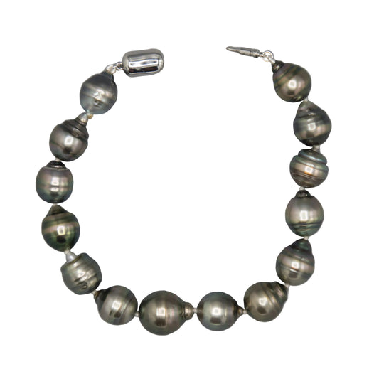 Baroque Tahitian pearl bracelet 10.3–12.5mm with sterling silver needle clasp, dark green-gray luster