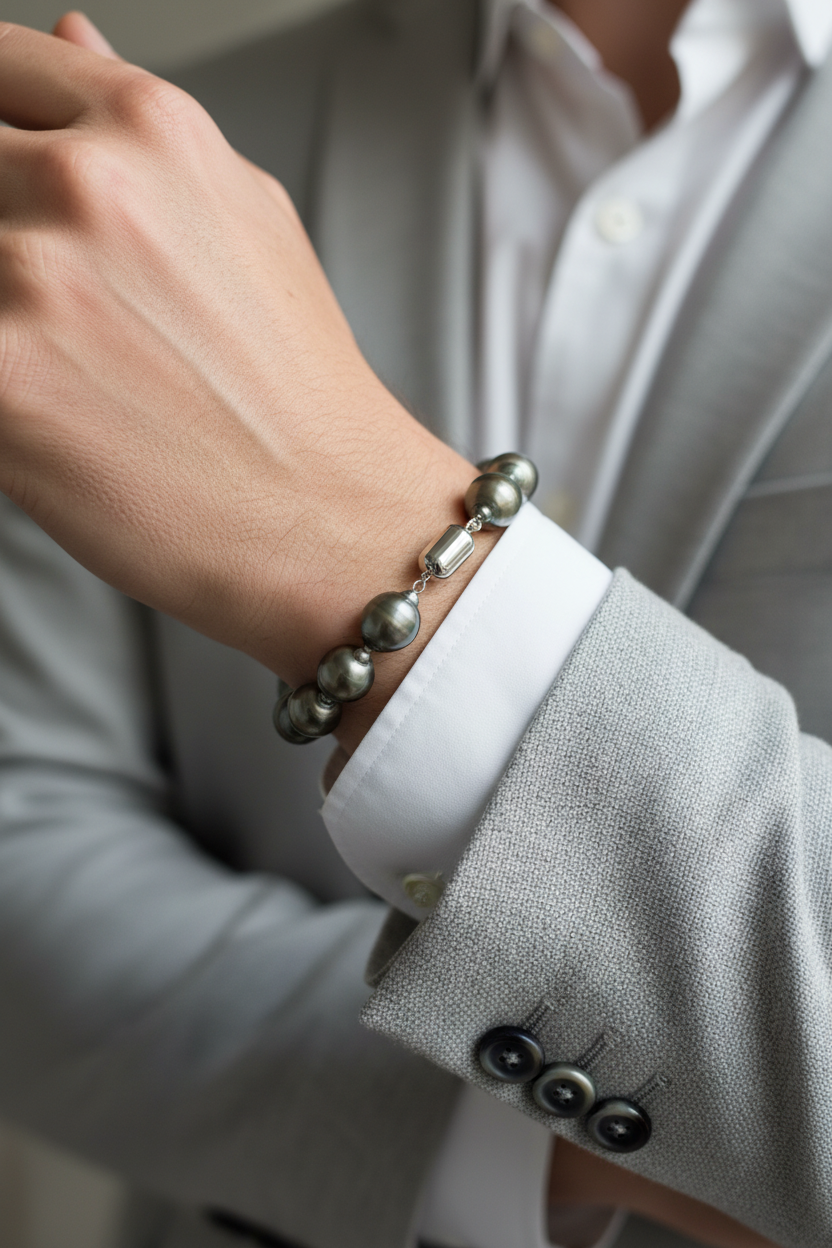 A close-up of a person's wrist wearing a baroque Tahitian pearl bracelet 10.3–12.5mm with sterling silver needle clasp, dark green-gray luster, styled with a white dress shirt and light gray blazer.