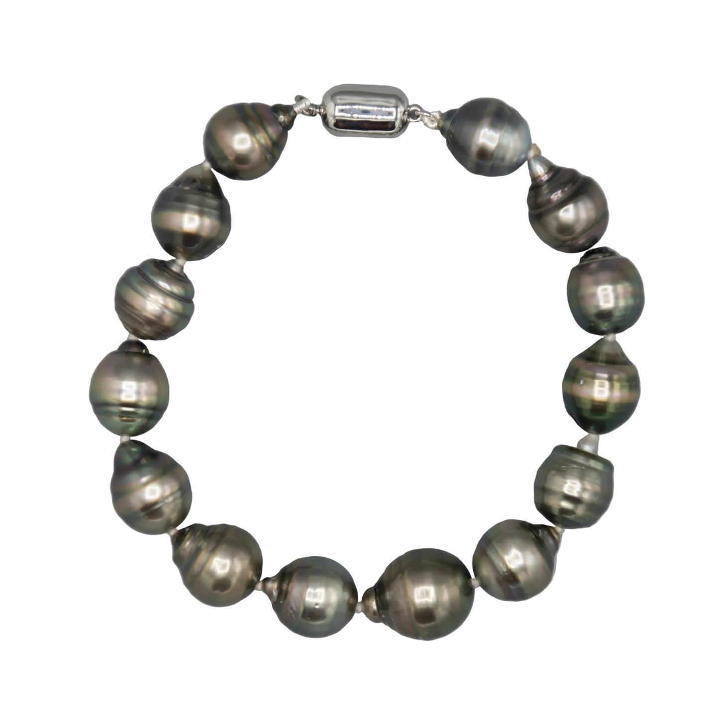 8-inch baroque Tahitian cultured pearl bracelet 10–12mm, dark peacock tones, sterling silver clasp