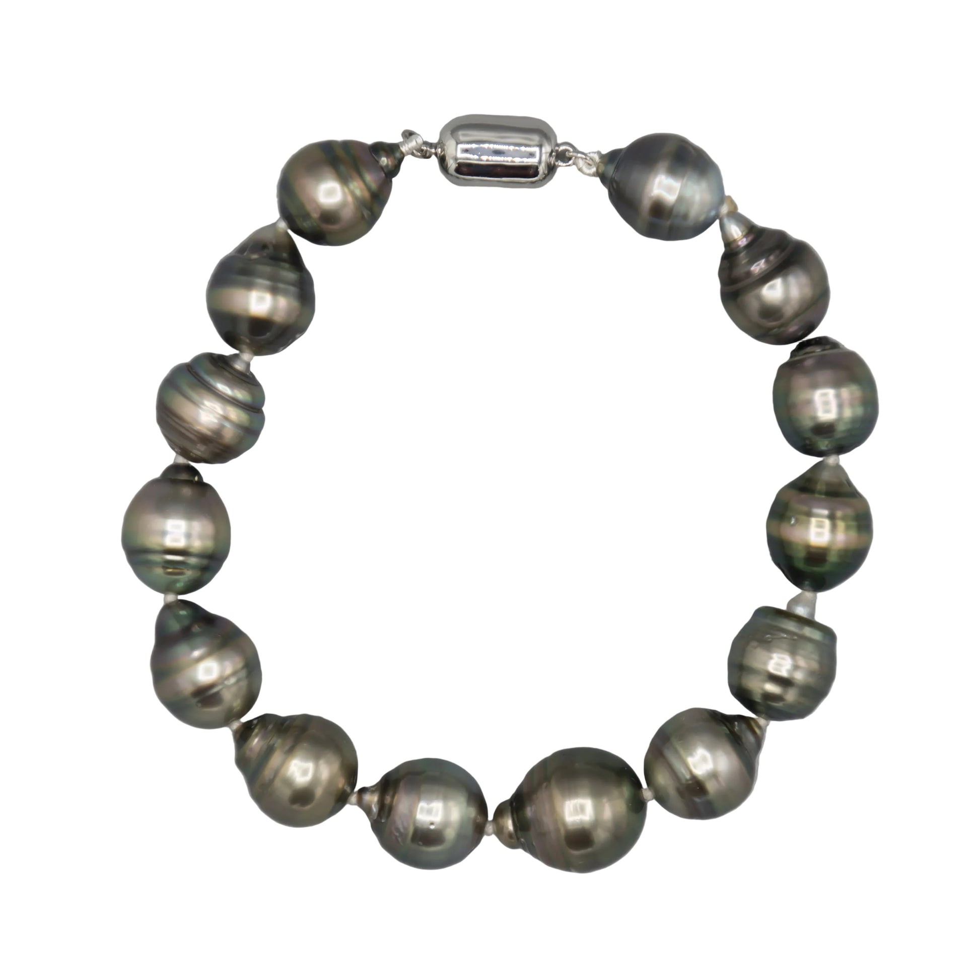 8-inch baroque Tahitian cultured pearl bracelet 10–12mm, dark peacock tones, sterling silver clasp