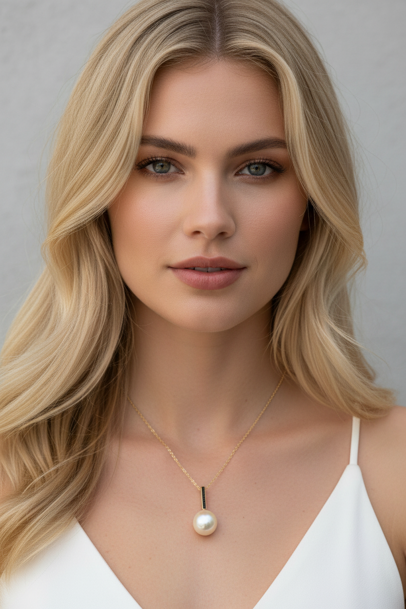 A close-up portrait of a blonde woman wearing a delicate gold chain necklace with a single golden pearl pendant and a small gold bar detail, set against a soft gray background.