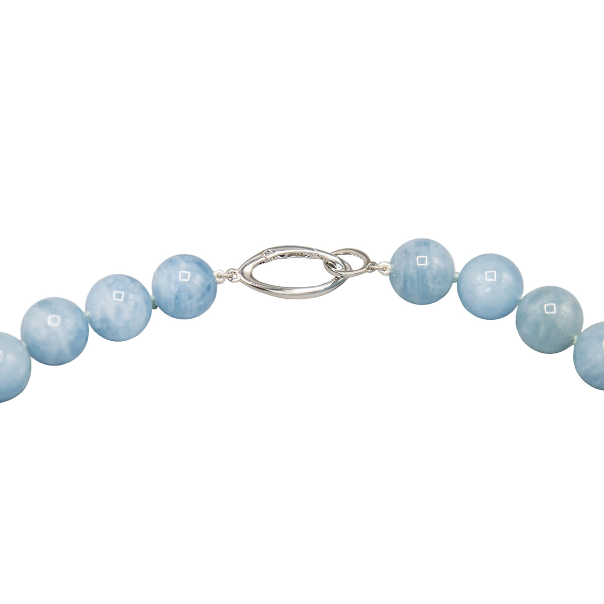 Sterling silver oval spring clasp detail on aquamarine bead necklace by Holly Zhang Pearl Gallery