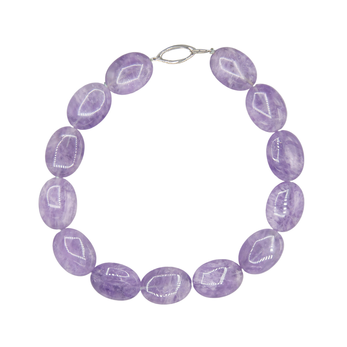 Amethyst oval bead strand necklace 17-inch sterling silver clasp lavender purple