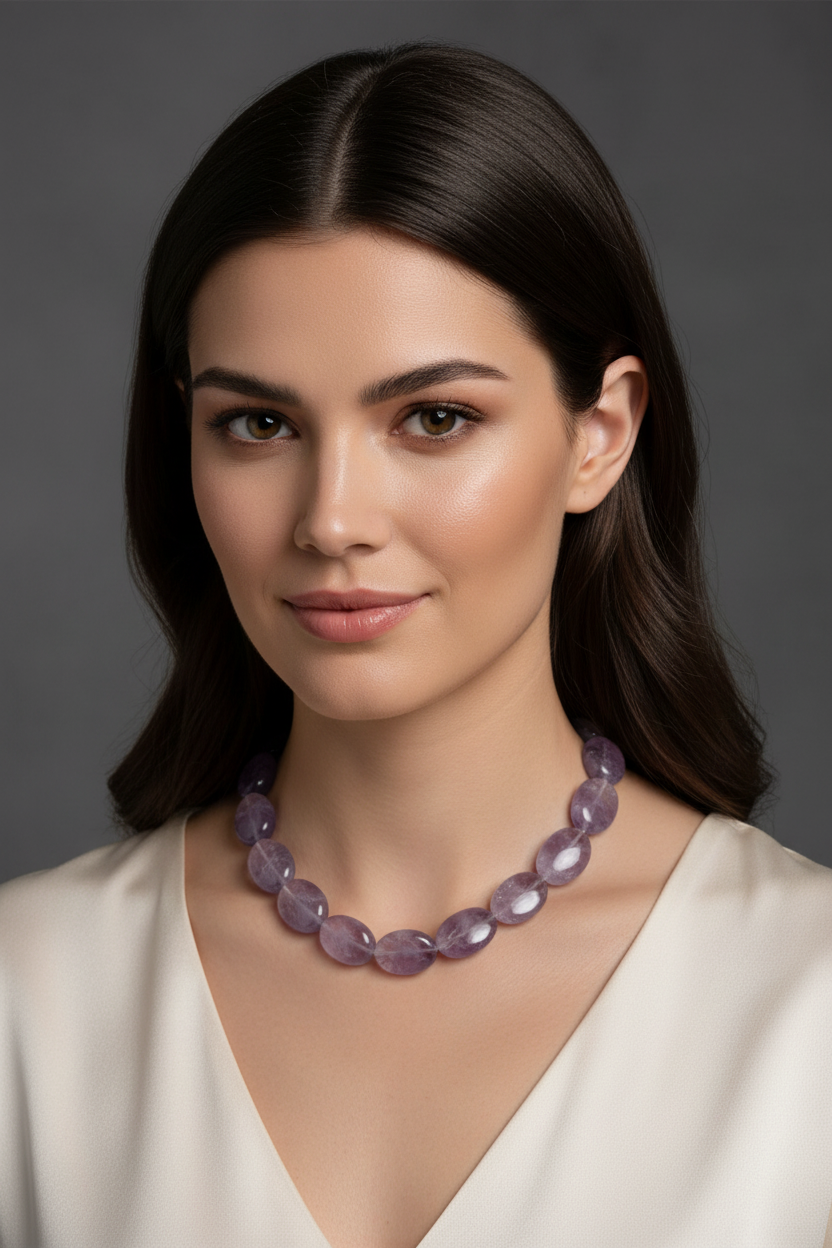 Model wearing Amethyst oval bead strand necklace 17-inch sterling silver clasp