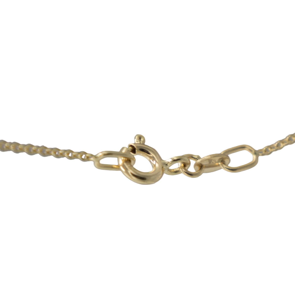 Close-up of a gold chain necklace clasp on a plain white background.