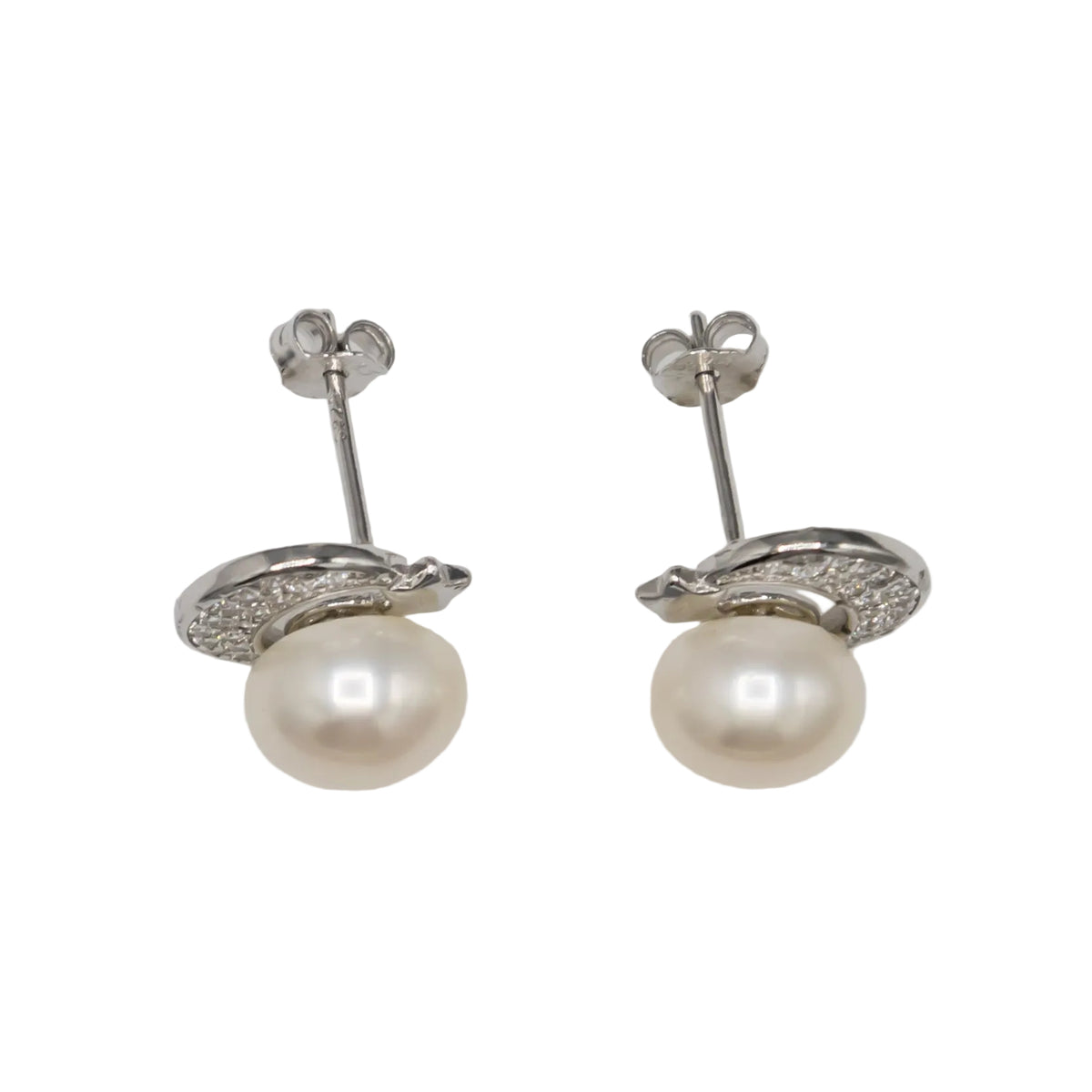 Alternate view of white freshwater pearl crescent moon stud earrings with cubic zirconia