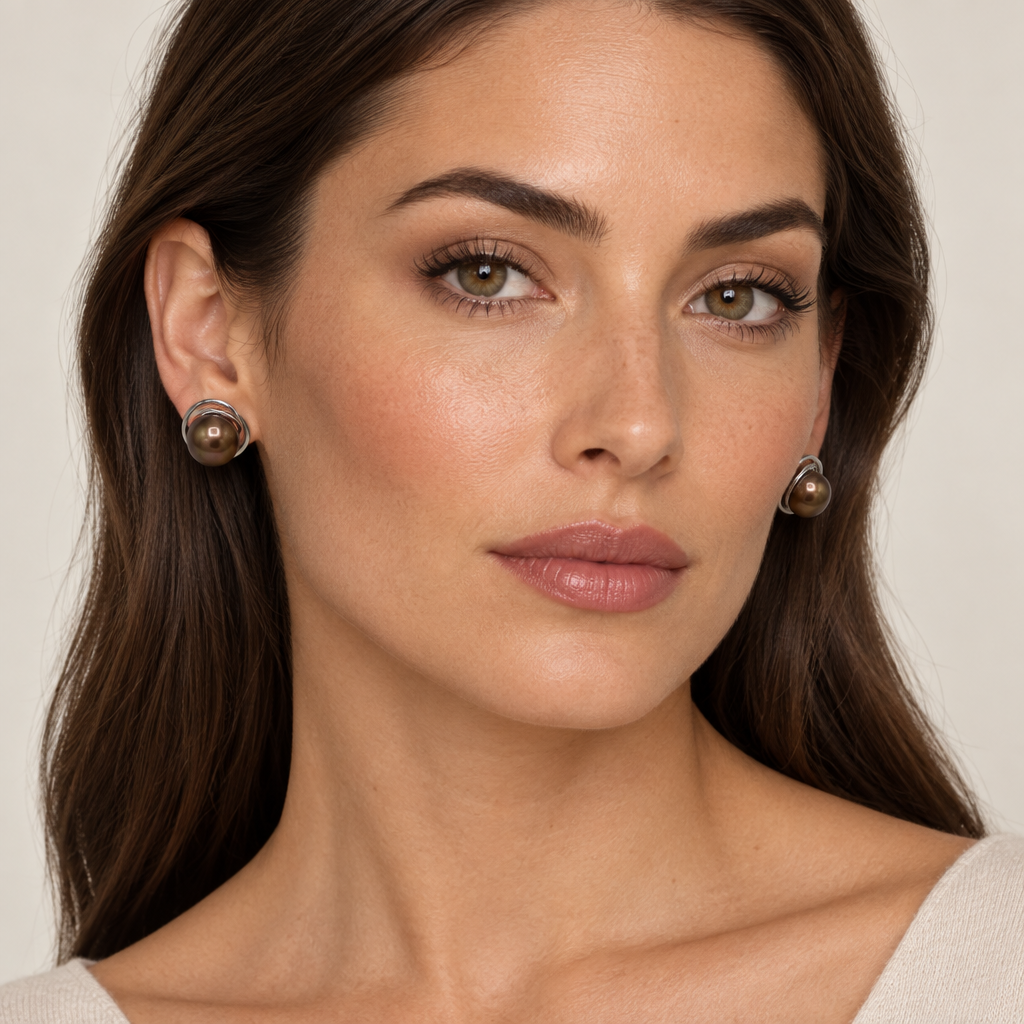 Brunette model wearing chocolate freshwater pearl stud earrings