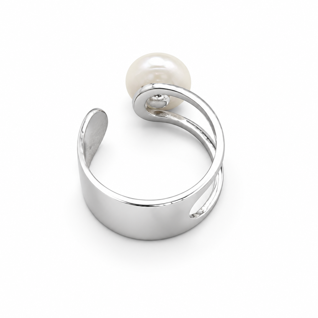 White Coin Pearl Adjustable Sterling Silver Ring