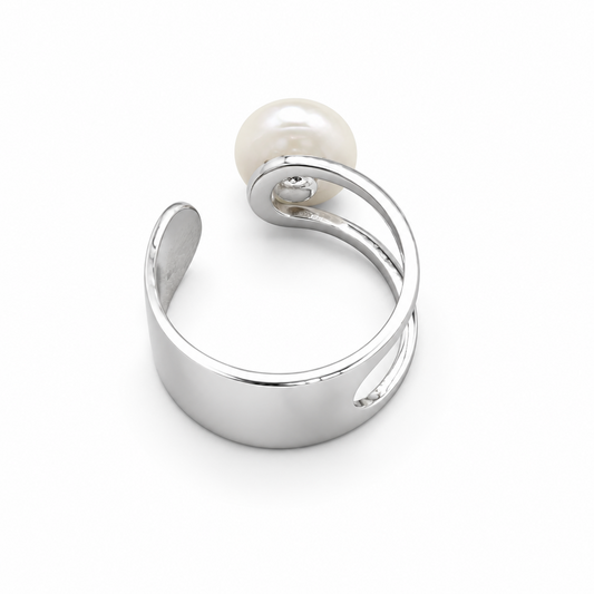 White Coin Pearl Adjustable Sterling Silver Ring