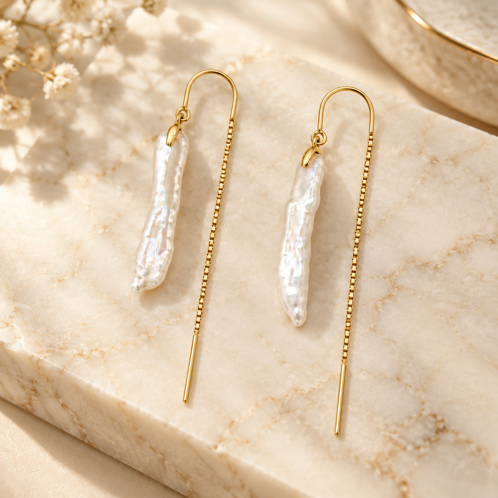 Keshi pearl threader earrings in 14K yellow gold with elongated white pearl drops on pale stone