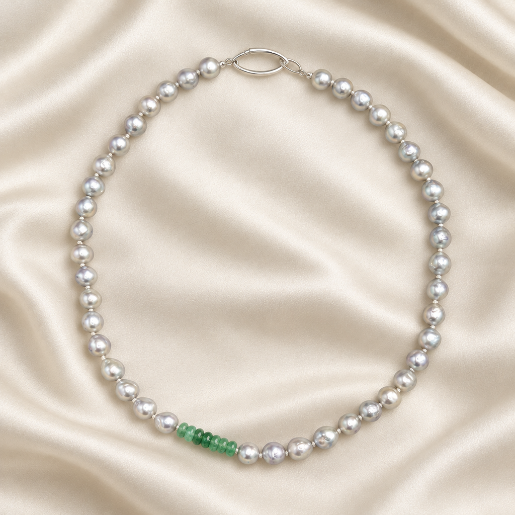 Baroque Japanese Akoya Pearl & Emerald Necklace, 18 Inch