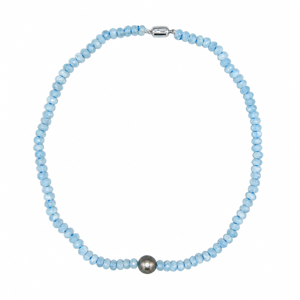 19-inch aquamarine and Tahitian pearl necklace with blue rondelle beads and a sterling silver clasp on white