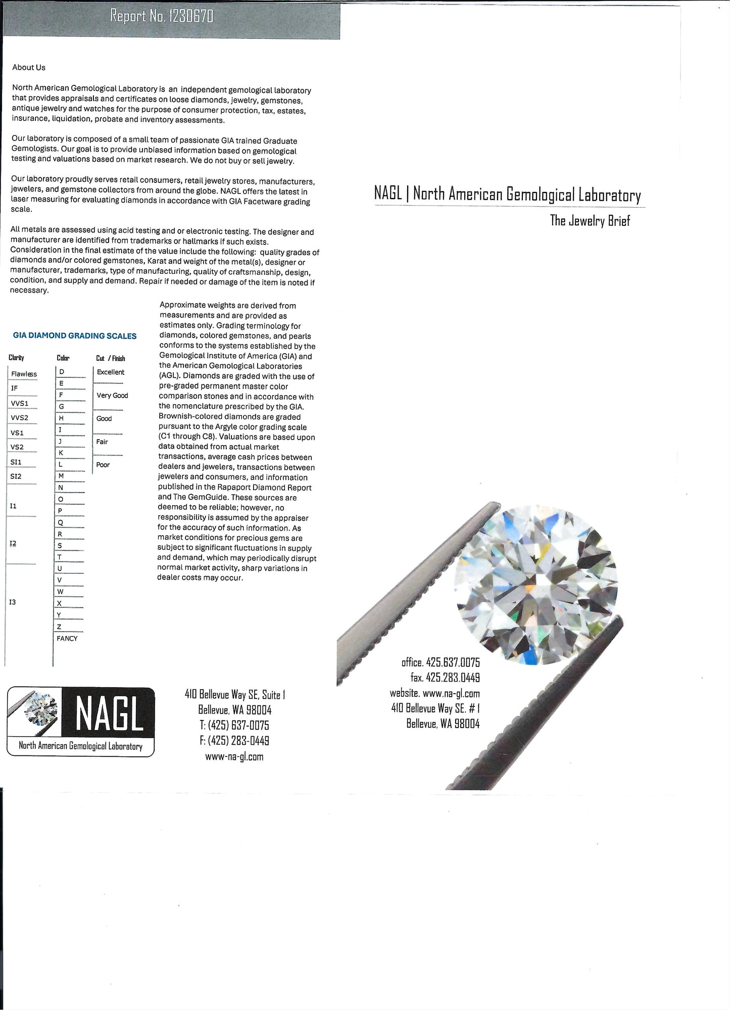 A scanned document page from the North American Gemological Laboratory (NAGL) featuring a 'Jewelry Brief' with text, a grading scale, and a diagonal cut diamond showing internal reflections.