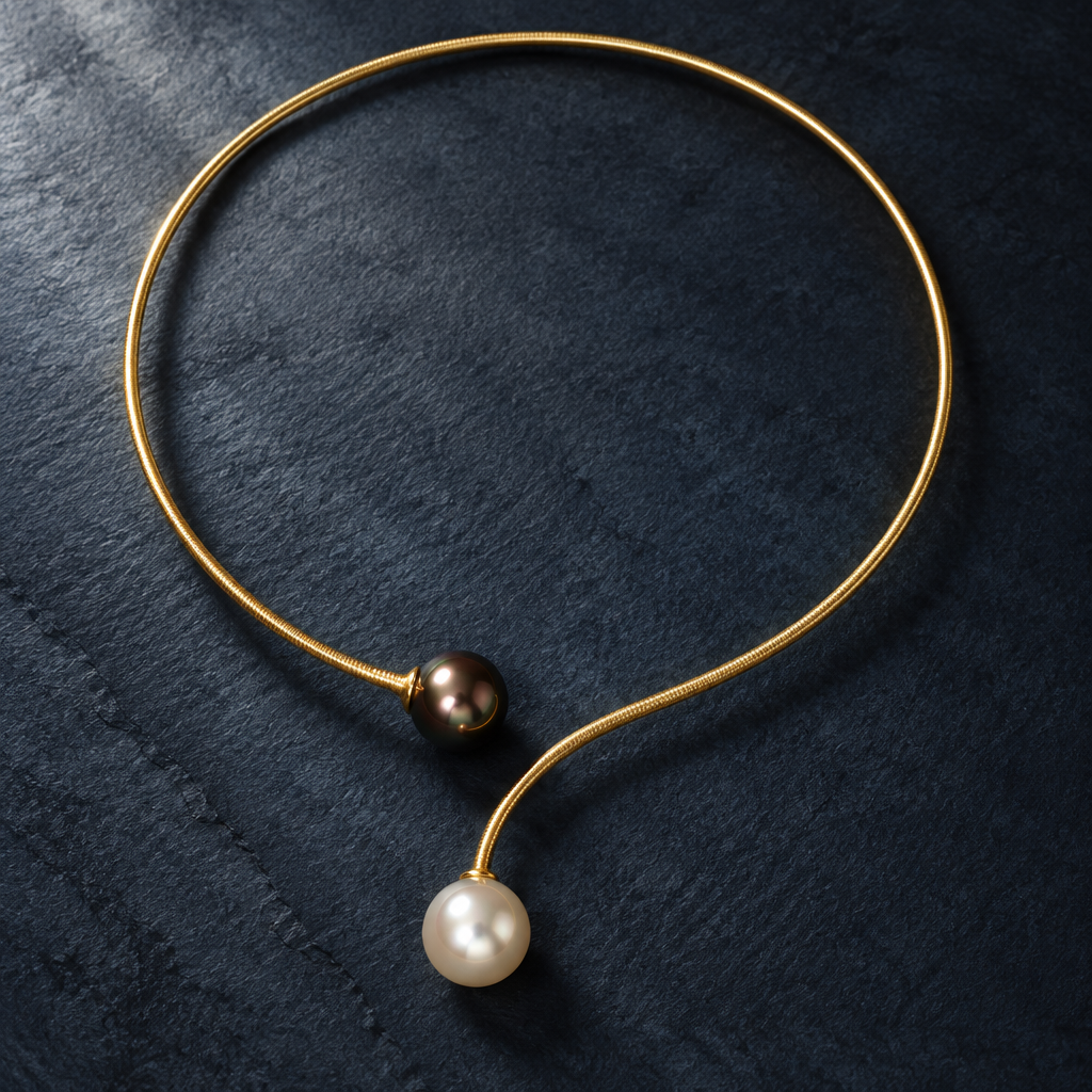 South Sea & Tahitian Baroque Pearl Flexible 14K Gold Wire Choker – Detail