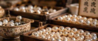 Trays of loose pearls in a Beijing pearl market