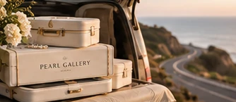 Pearl Gallery cases packed in a car boot on a coastal road