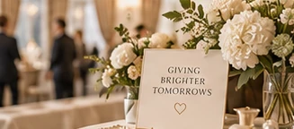 A fundraiser table with a Giving Brighter Tomorrows sign