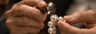 Hands inspecting a pearl strand with a loupe