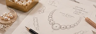 Pearl necklace design sketches beside a gold tray of pearls