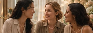 Three women laughing together, wearing pearl necklaces