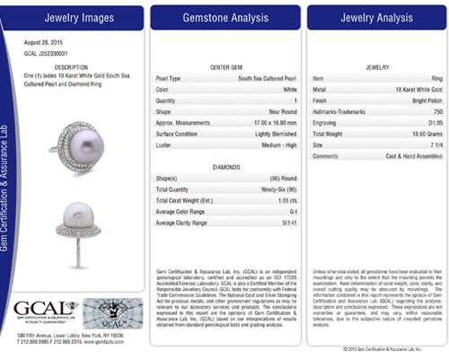 A Gem Certification & Assurance Lab (GCAL) report for an 18K white gold South Sea cultured pearl and diamond ring